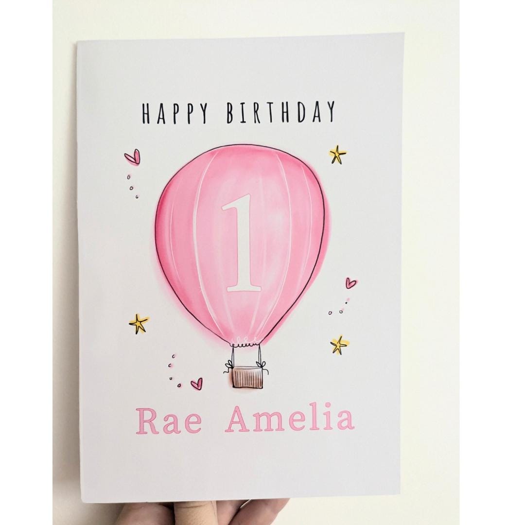 Personalised 1st Birthday Card pink hot air balloon for Granddaughter Niece Daughter Goddaughter Little Girl  - Personalised with Name - A5