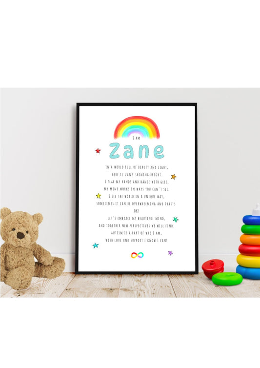 Personalised autism poem wall print, inclusive education, special education, inclusion and diversity, children's colourful wall art