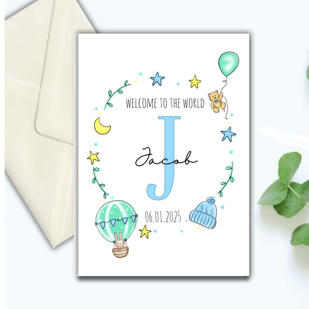 personalised baby boy Card, new grandson, new godson, new baby, new parents, baby name card