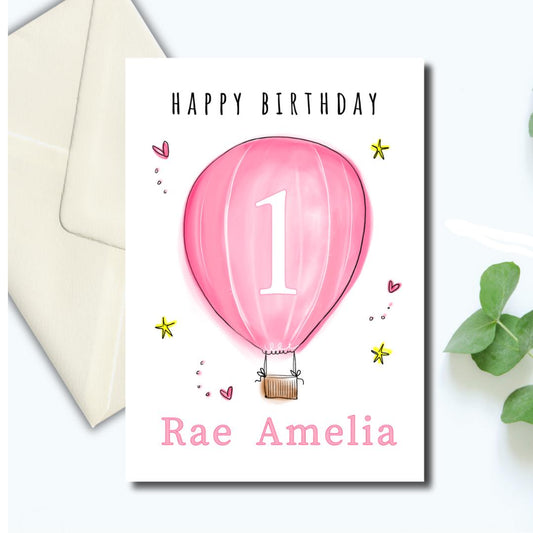 Personalised 1st Birthday Card pink hot air balloon for Granddaughter Niece Daughter Goddaughter Little Girl  - Personalised with Name - A5