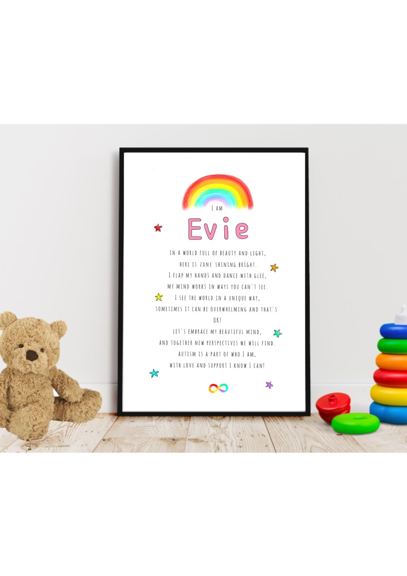 Personalised autism poem wall print, inclusive education, special education, inclusion and diversity, children's colourful wall art