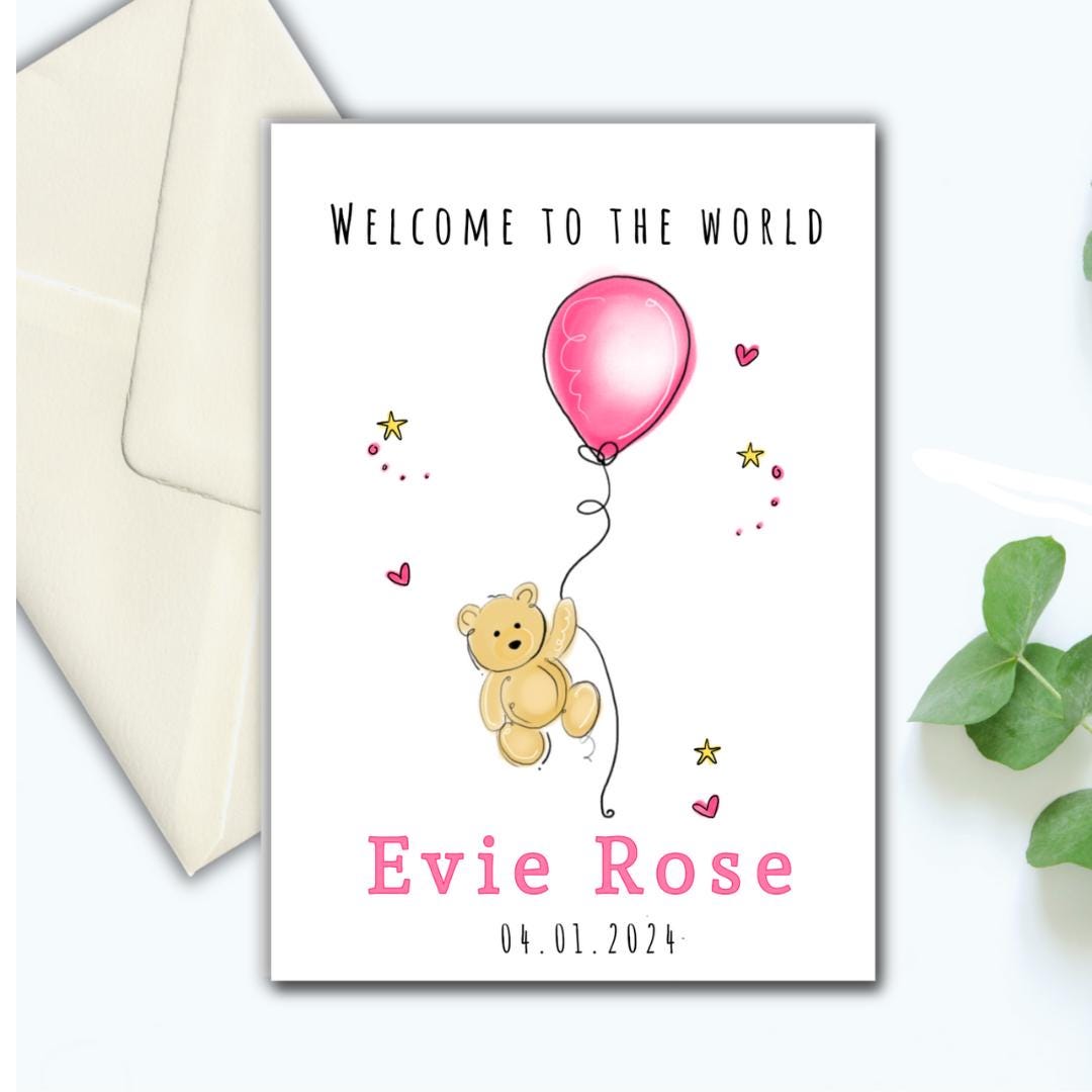 personalised new baby girl Card, welcome to the world keepsake, custom newborn card, baby announcement card, pink balloon design