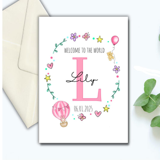 personalised baby girl Card, new grandaughter, new god daughter, new baby, new parents, baby name card