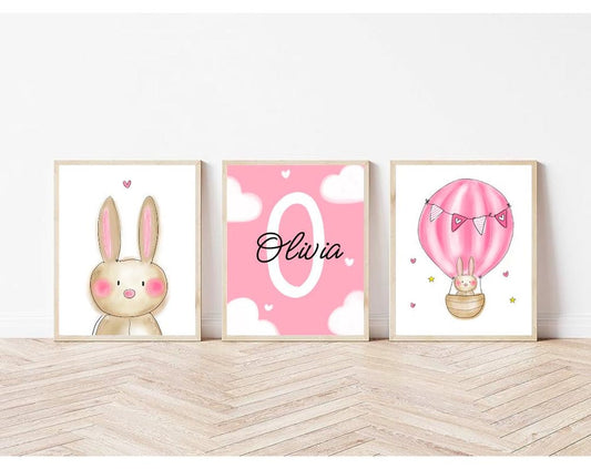 Custom set of 3 rabbit wall art prints