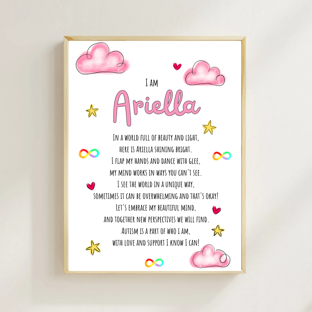 Pink cloud and stars autism poem print