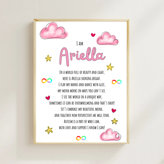 Pink cloud and stars autism poem print